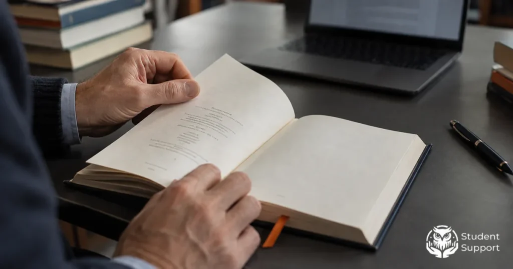 Руки перегортають сторінку відкритої книжки, на задньому плані - ноутбук із документом на екрані.