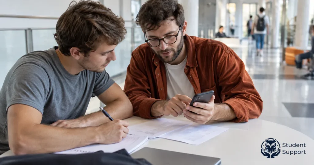 Two men check a phone and write down comments beside printed questionnaires.