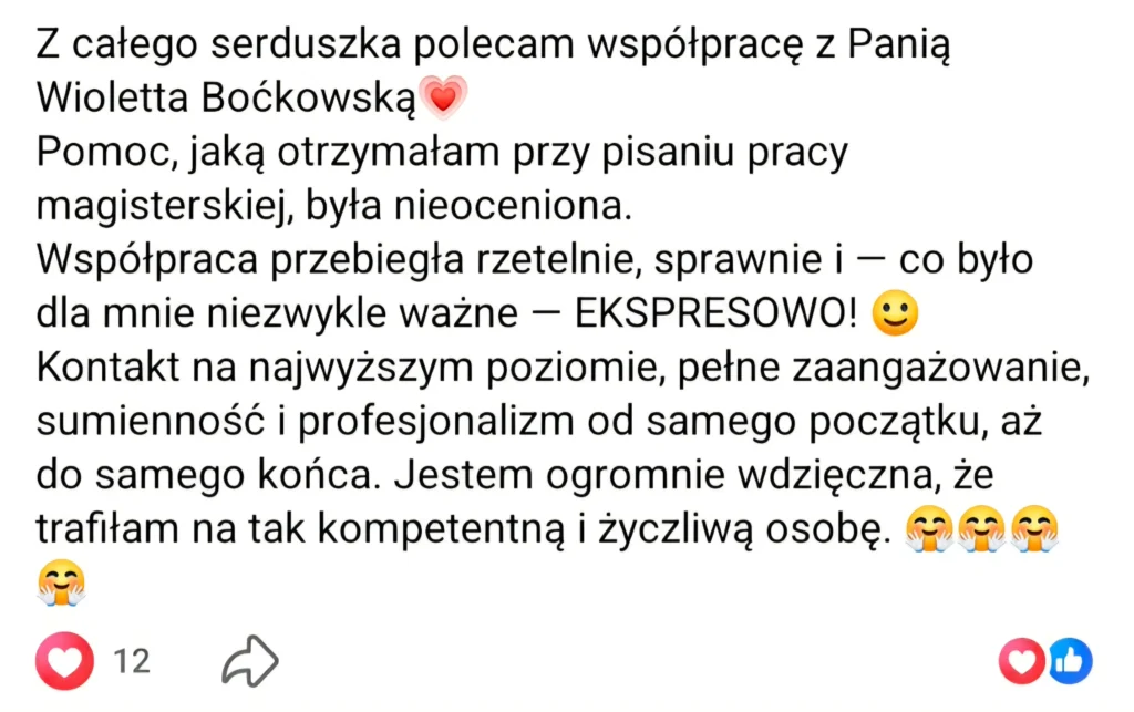Opinia klienta Student Support dotycząca pomocy przy pracy magisterskiej, ekspresowej realizacji i profesjonalnej współpracy.