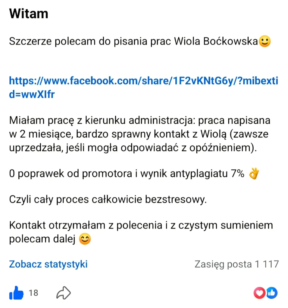 Opinia klienta Student Support dotycząca pracy z administracji, braku poprawek od promotora i wyniku antyplagiatu 7%.