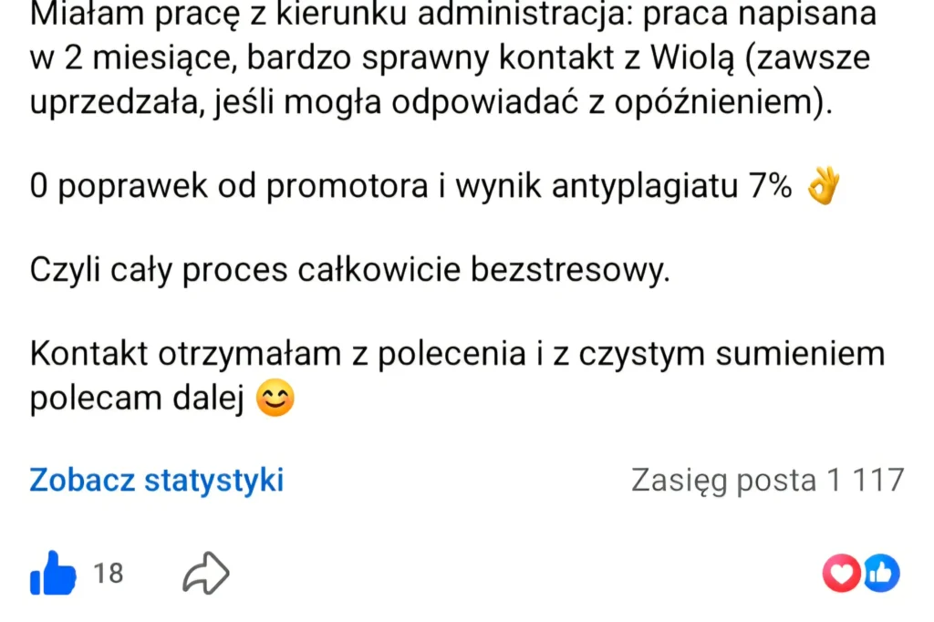 Opinia klienta Student Support dotycząca pracy z administracji, braku poprawek od promotora i wyniku antyplagiatu 7%.