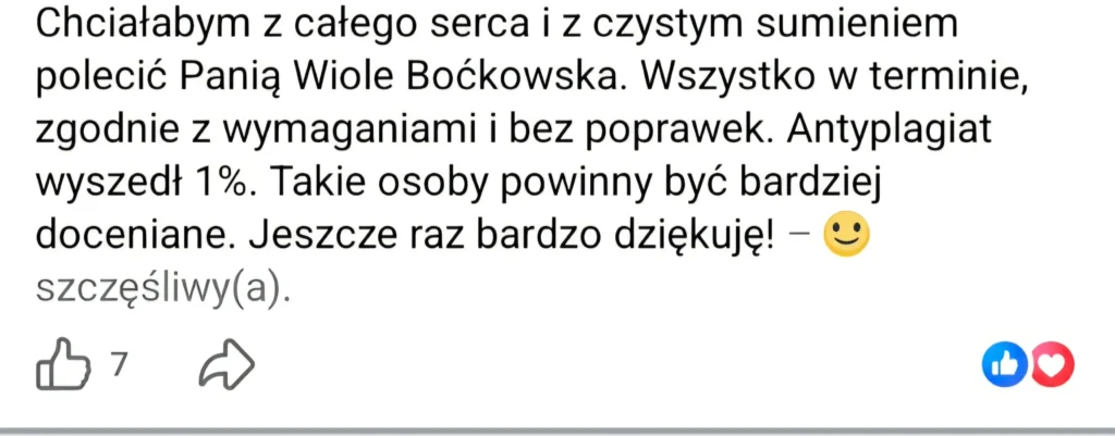 Opinia klienta Student Support dotycząca pracy wykonanej terminowo, zgodnie z wymaganiami, bez poprawek i z wynikiem antyplagiatu 1%.