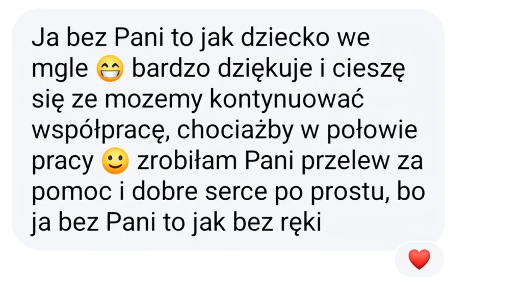 Wiadomość klientki Student Support z podziękowaniem za pomoc, życzliwość i możliwość kontynuowania współpracy.