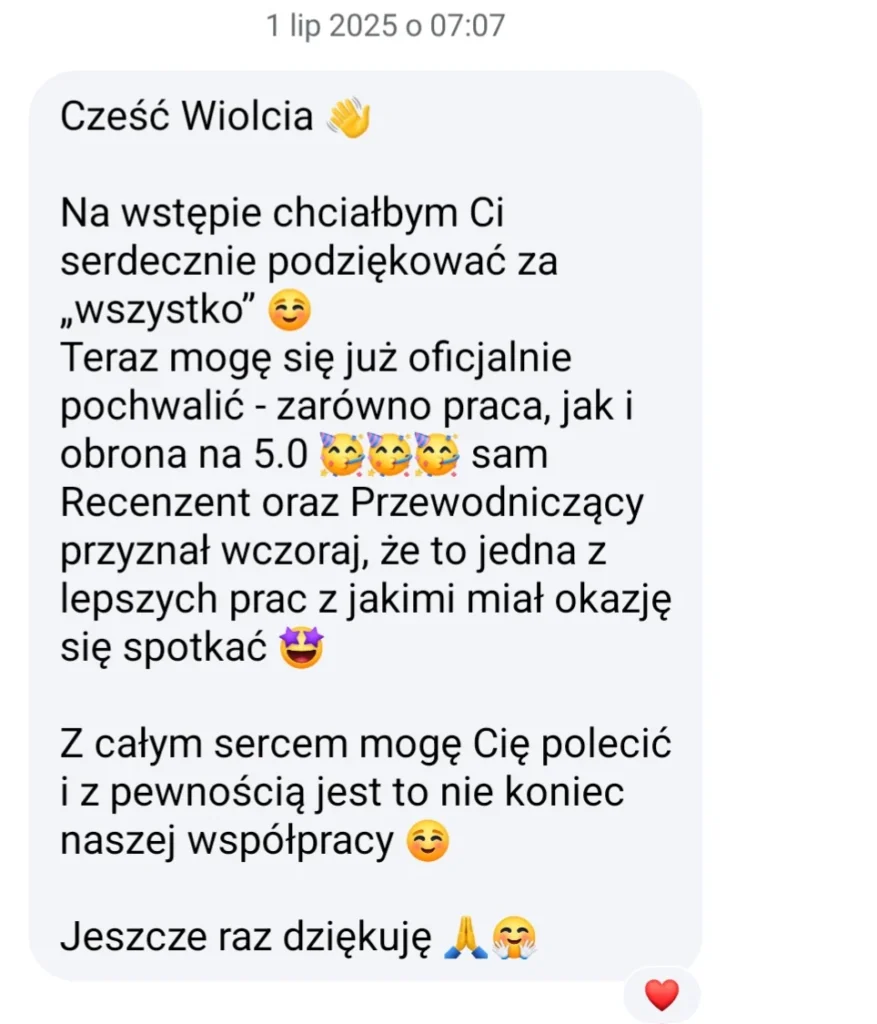 Wiadomość klientki Student Support: ocena 5,0 za pracę i obronę oraz podziękowanie za współpracę.