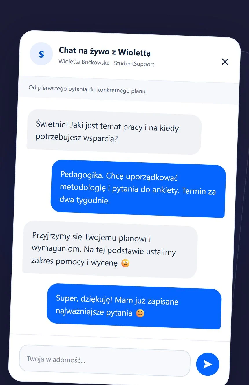 Dalsza część przykładowej rozmowy: klient podaje temat i termin, a Wioletta proponuje zapoznanie się z planem oraz ustalenie zakresu pomocy i wyceny.