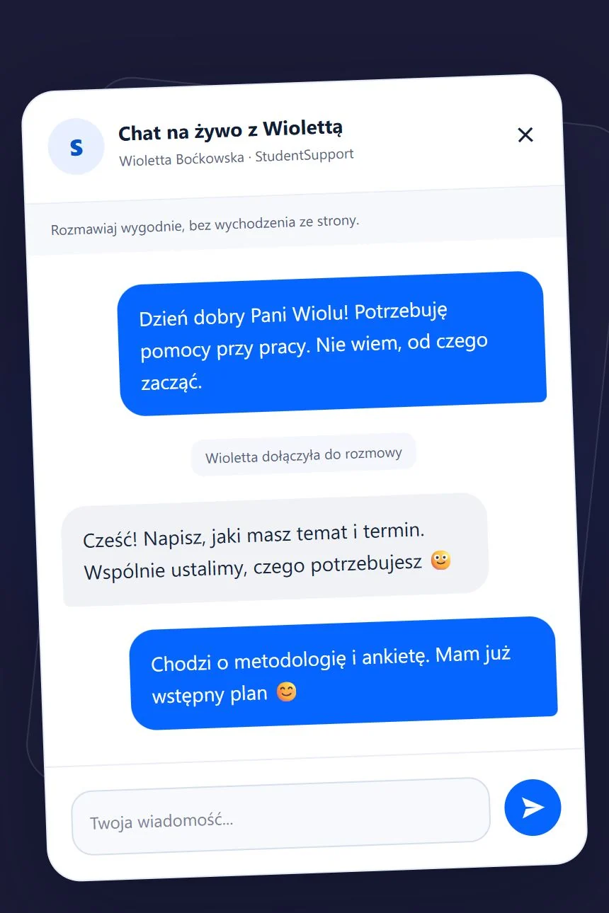 Początek przykładowej rozmowy: klient pyta o pomoc przy metodologii i ankiecie, Wioletta prosi o temat oraz termin.