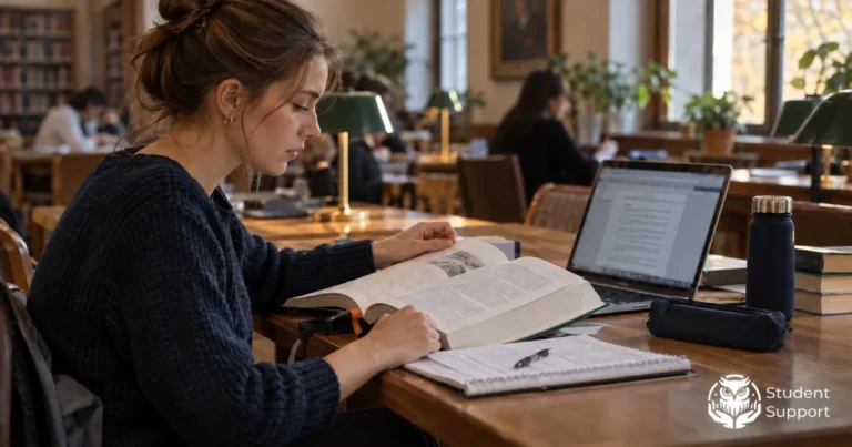 Kobieta czyta książkę przy laptopie i otwartym notesie w bibliotecznej czytelni.