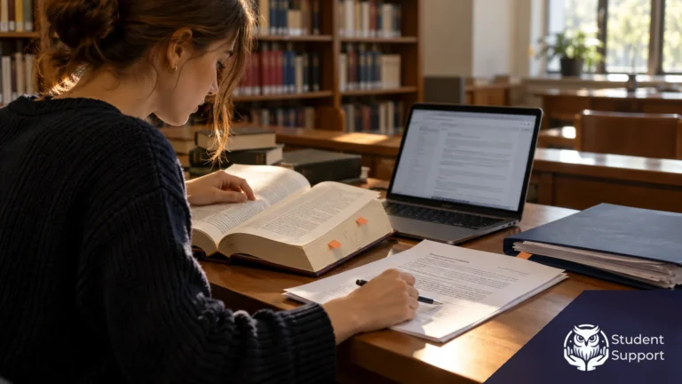 Studentka sprawdza dokumenty i otwartą książkę przy laptopie, obok granatowej teczki.