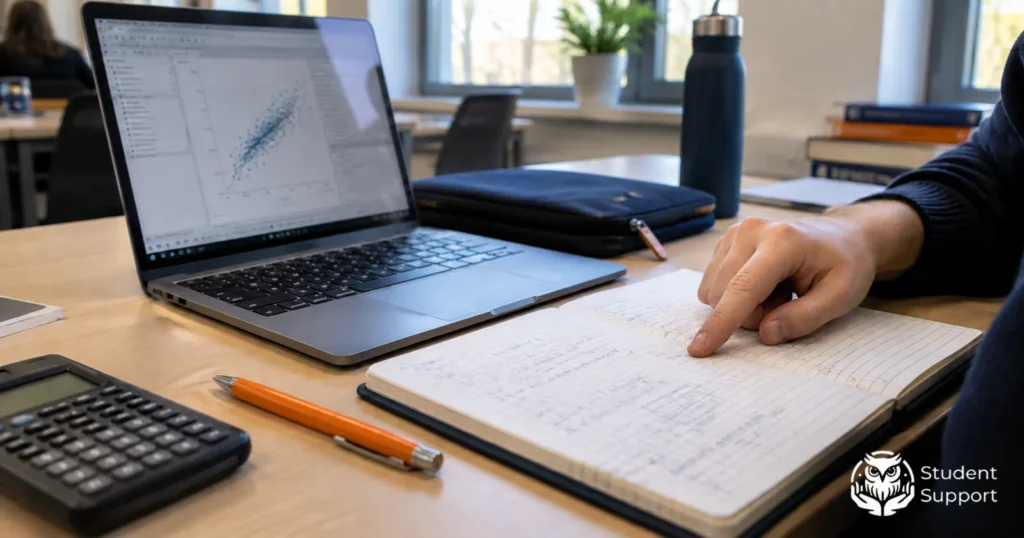 A laptop displaying data analysis, a calculator and a notebook with a calculation plan on a desk.