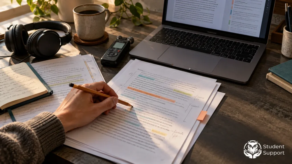 A hand marking an extract from a transcript beside headphones, a voice recorder and a laptop.