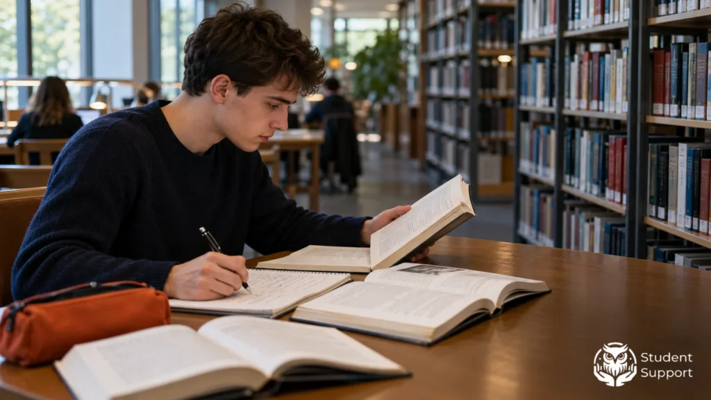 A student in a library compares an open book with essay notes.