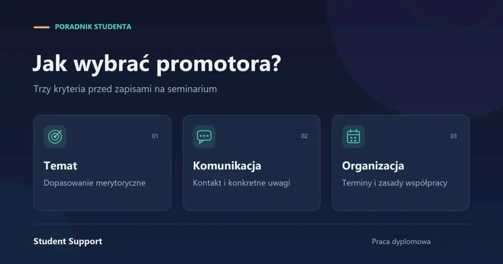 Trzy kryteria wyboru promotora: dopasowanie do tematu, komunikacja i organizacja współpracy.