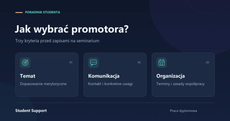 Trzy kryteria wyboru promotora: dopasowanie do tematu, komunikacja i organizacja współpracy.