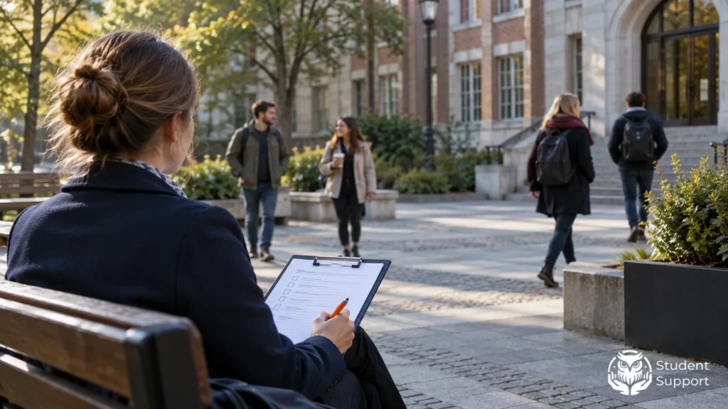 A female researcher with a questionnaire in a university courtyard, with students walking in the background.