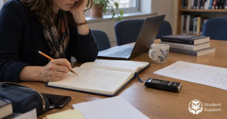 A notebook with a research plan lies beside a draft questionnaire and an audio recorder.