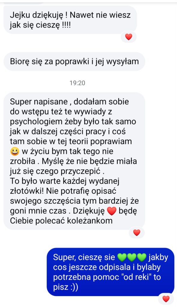 Zrzut rozmowy z opinią klientki StudentSupport: podziękowanie za pomoc i zapowiedź polecenia koleżankom.