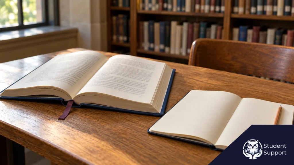 Otwarta książka z granatową okładką i śliwkową zakładką obok pustego notesu i ołówka na stole w bibliotece.
