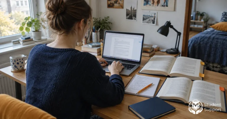 A person writes a chapter on a laptop with books and a working outline alongside.