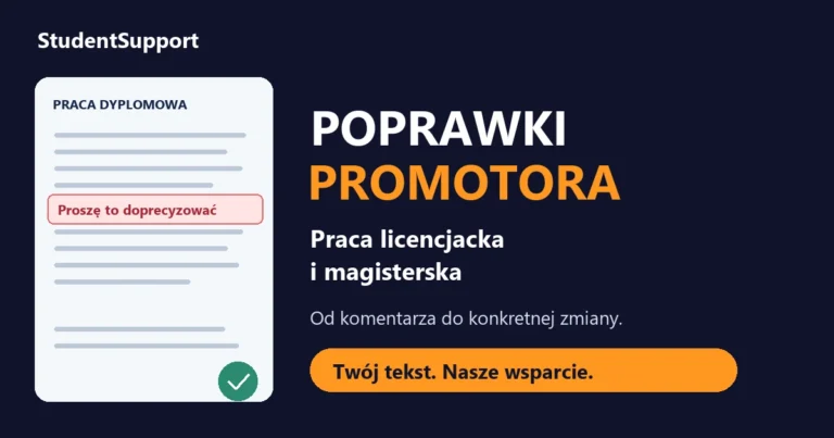 Dokument pracy dyplomowej z komentarzem „Proszę to doprecyzować” i symbolem wykonanych poprawek