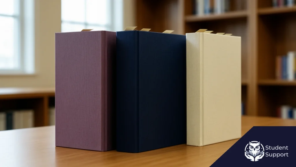 Trzy oprawione w płótno książki z zakładkami stojące na stole w bibliotece.