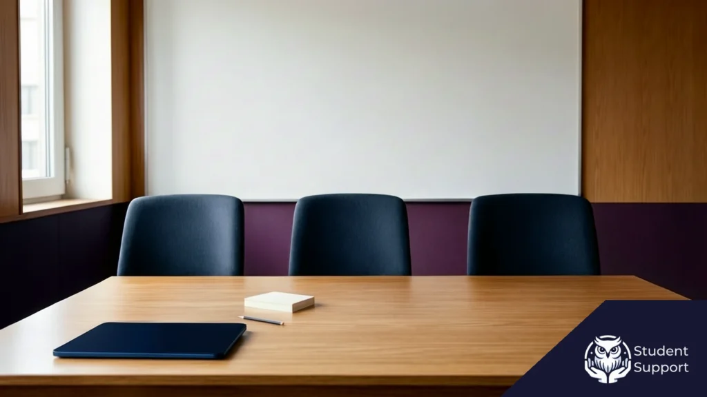 Pusta sala seminaryjna z trzema krzesłami, jasną tablicą i materiałami na stole.