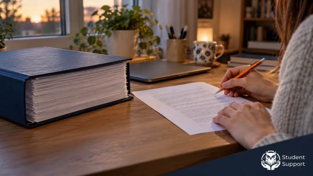Reviewing a single abstract page beside a thick printed thesis in a navy folder.