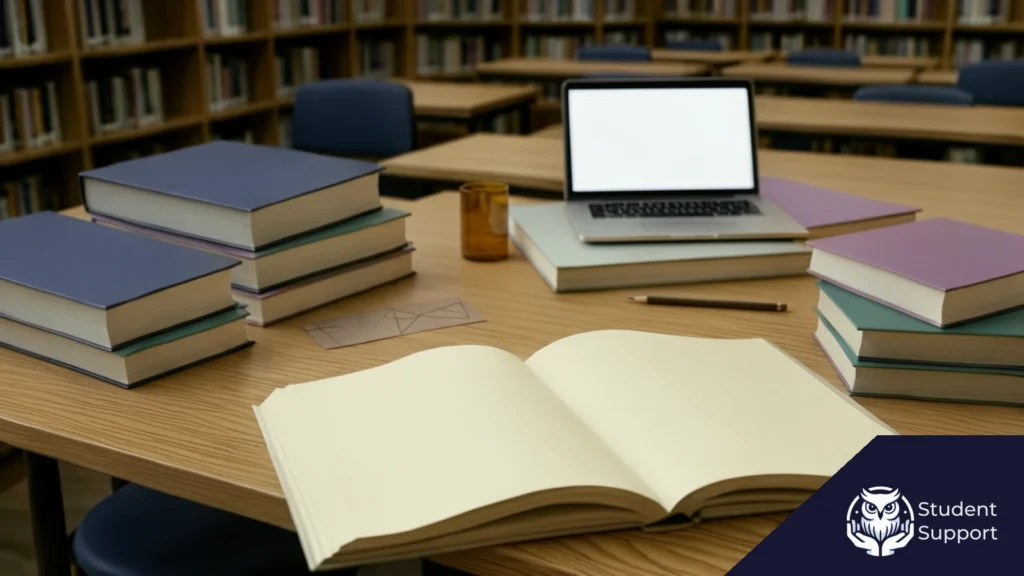 Otwarte materiały, stosy książek i laptop na stole w bibliotece.