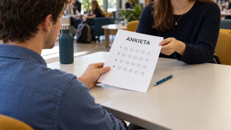 Dwie osoby omawiają papierowy kwestionariusz ankiety przy stole