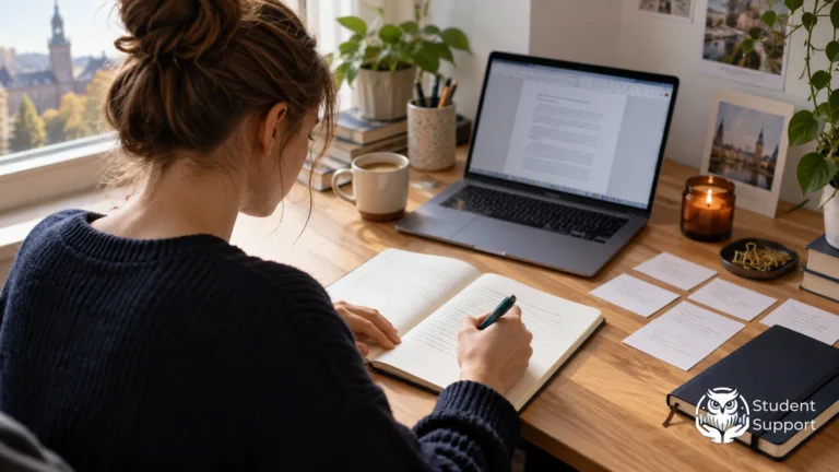 Studentka przygotowuje pierwsze akapity pracy w notesie przy laptopie.