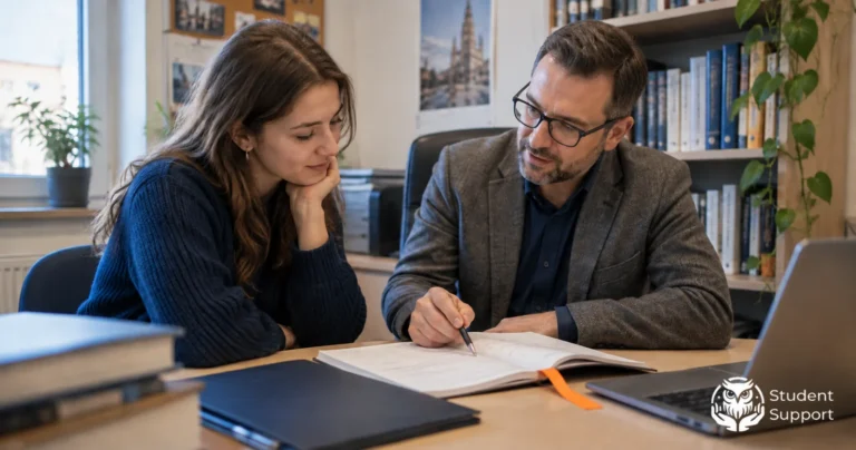 A student and a lecturer discuss an open notebook at a desk.