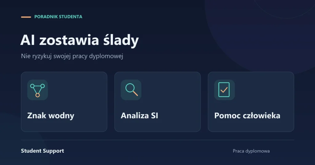 Okładka StudentSupport: AI zostawia ślady, z ikonami znaku wodnego, analizy SI i pomocy człowieka